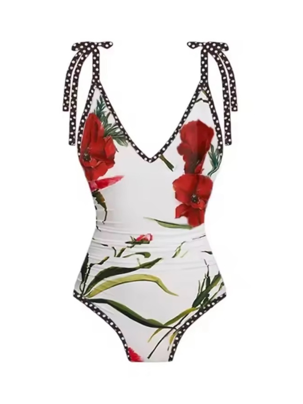 Girls White Floral One-Piece Swimsuit with Red Flower Print